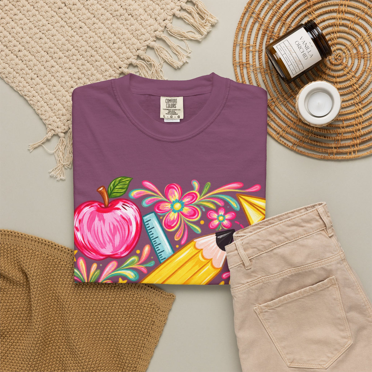 School Supplies Pencil Apple Floral T-shirt | Teacher Student Back to School