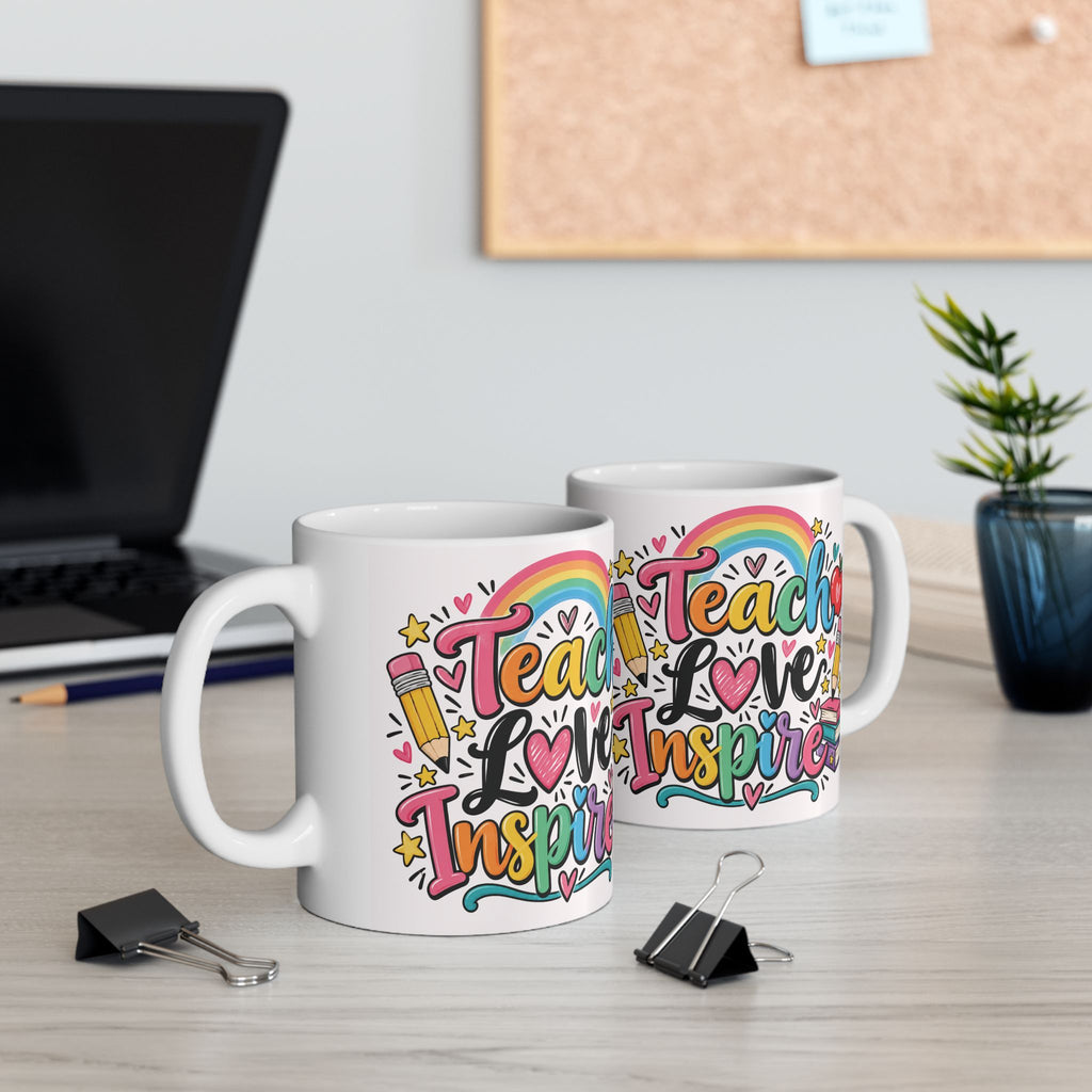 Teacher Love Inspire Mug | Cute Rainbow Pencil Apple Books Design