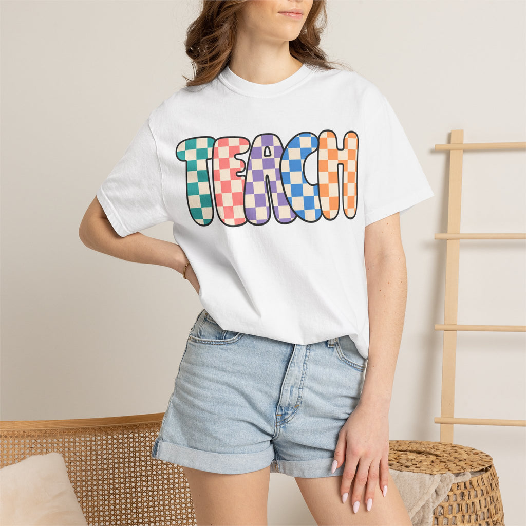 Teach Bubble Letters Checkerboard T-Shirt | Colorful Retro School Tee