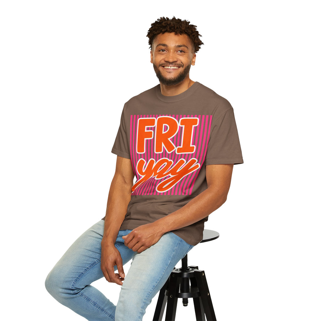 FRI yay T-shirt | Bright Retro Text, Pink Stripes