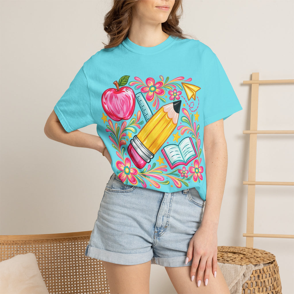 School Supplies Pencil Apple Floral T-shirt | Teacher Student Back to School