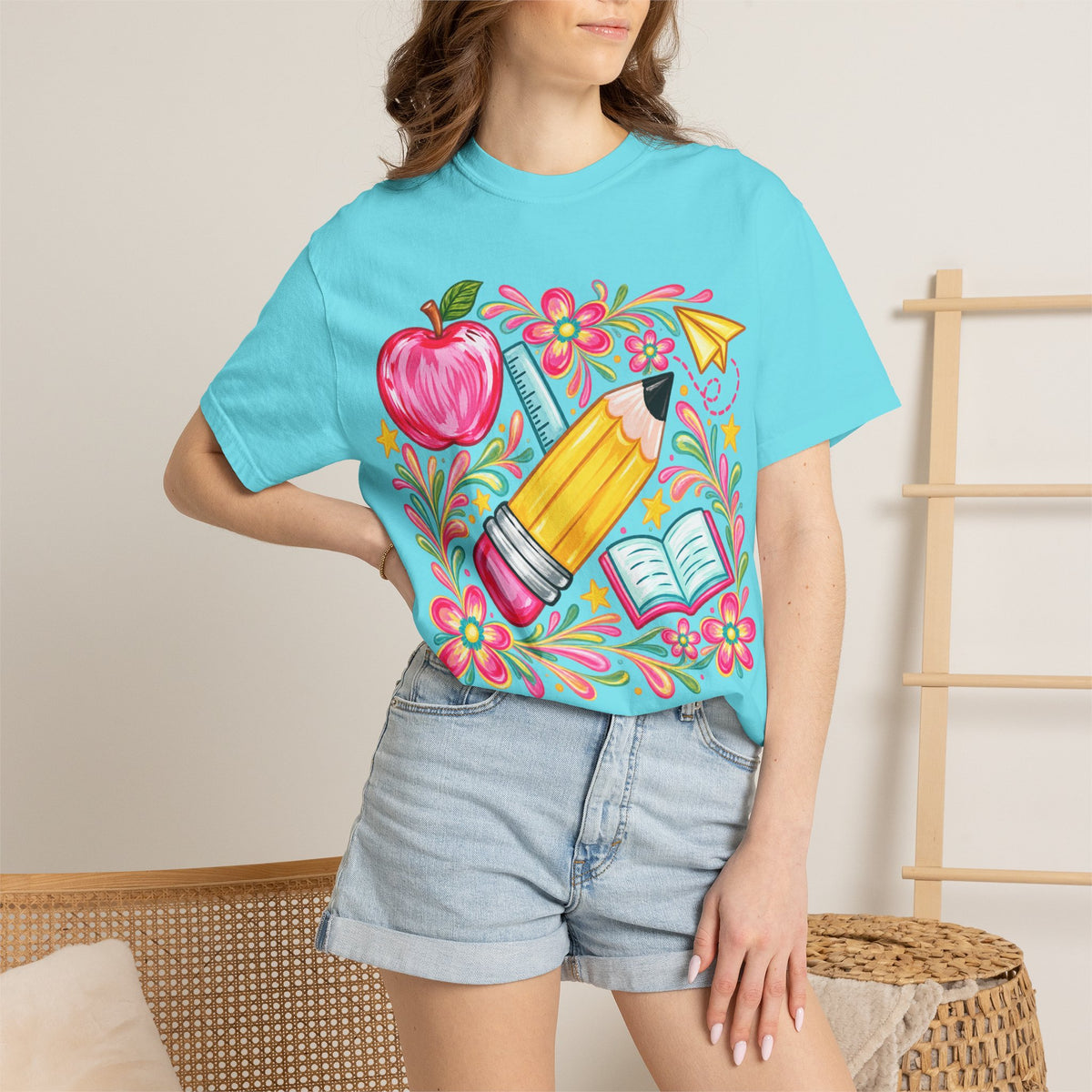 School Supplies Pencil Apple Floral T-shirt | Teacher Student Back to School