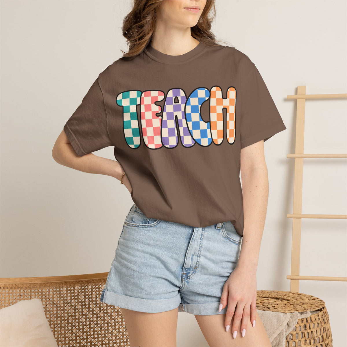 Teach Bubble Letters Checkerboard T-Shirt | Colorful Retro School Tee