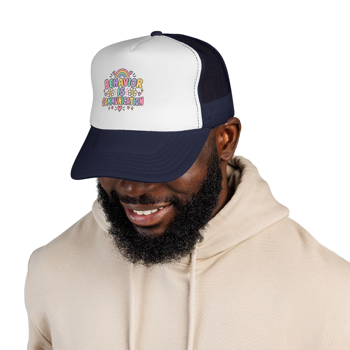 Behavior Is Communication Trucker Cap | Rainbow Floral Illustration