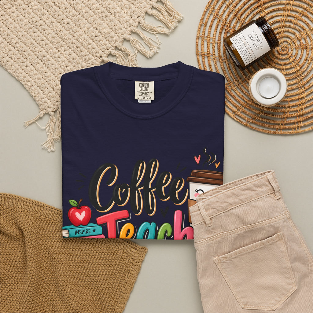 Coffee Teach Repeat T-shirt | Teacher Coffee Book Stack Pencil Mug Design