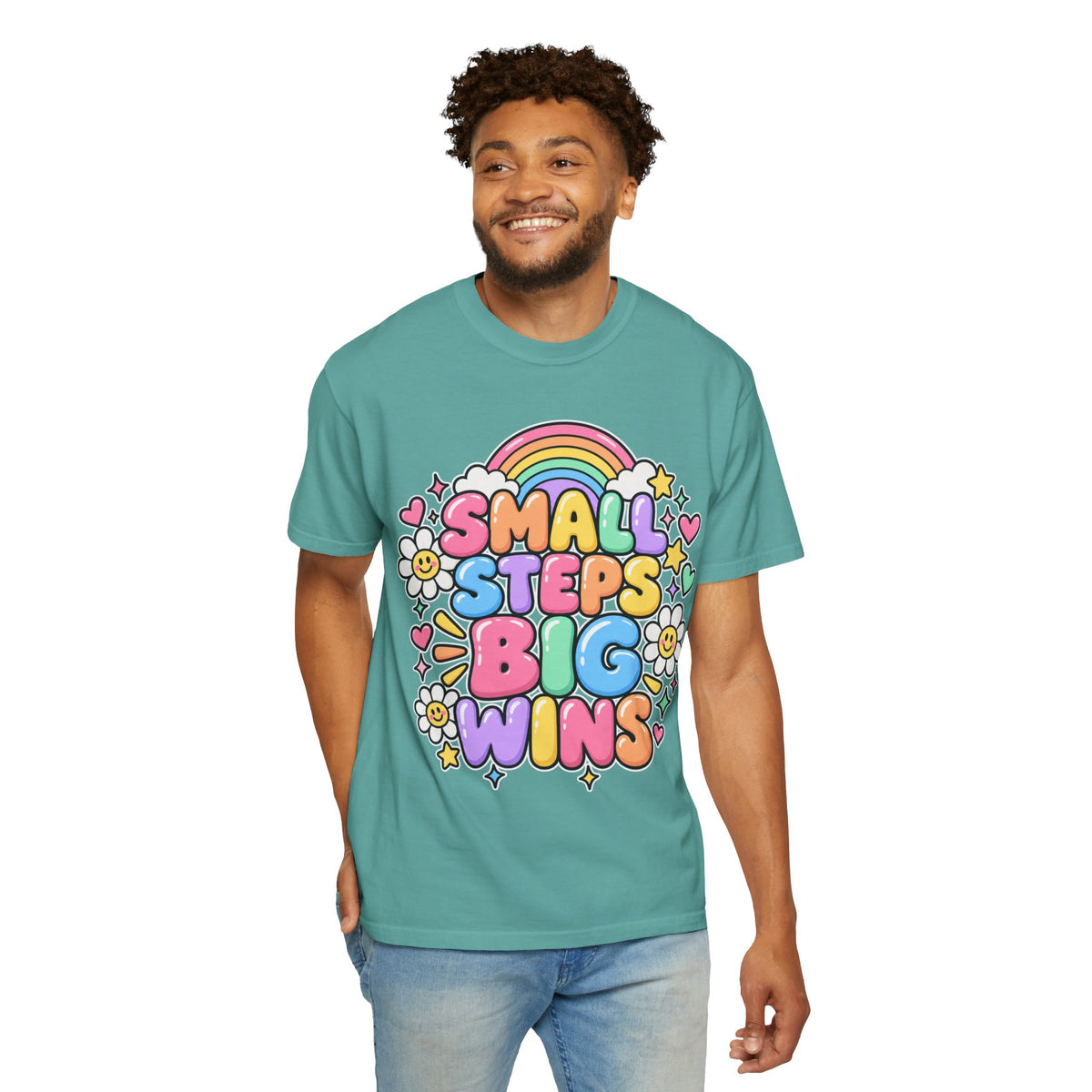 Small Steps Big Wins T-shirt | Retro Rainbow Positive Graphic
