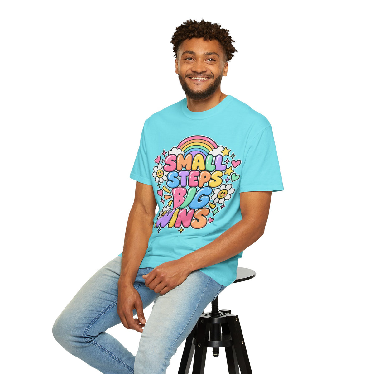 Small Steps Big Wins T-shirt | Retro Rainbow Positive Graphic