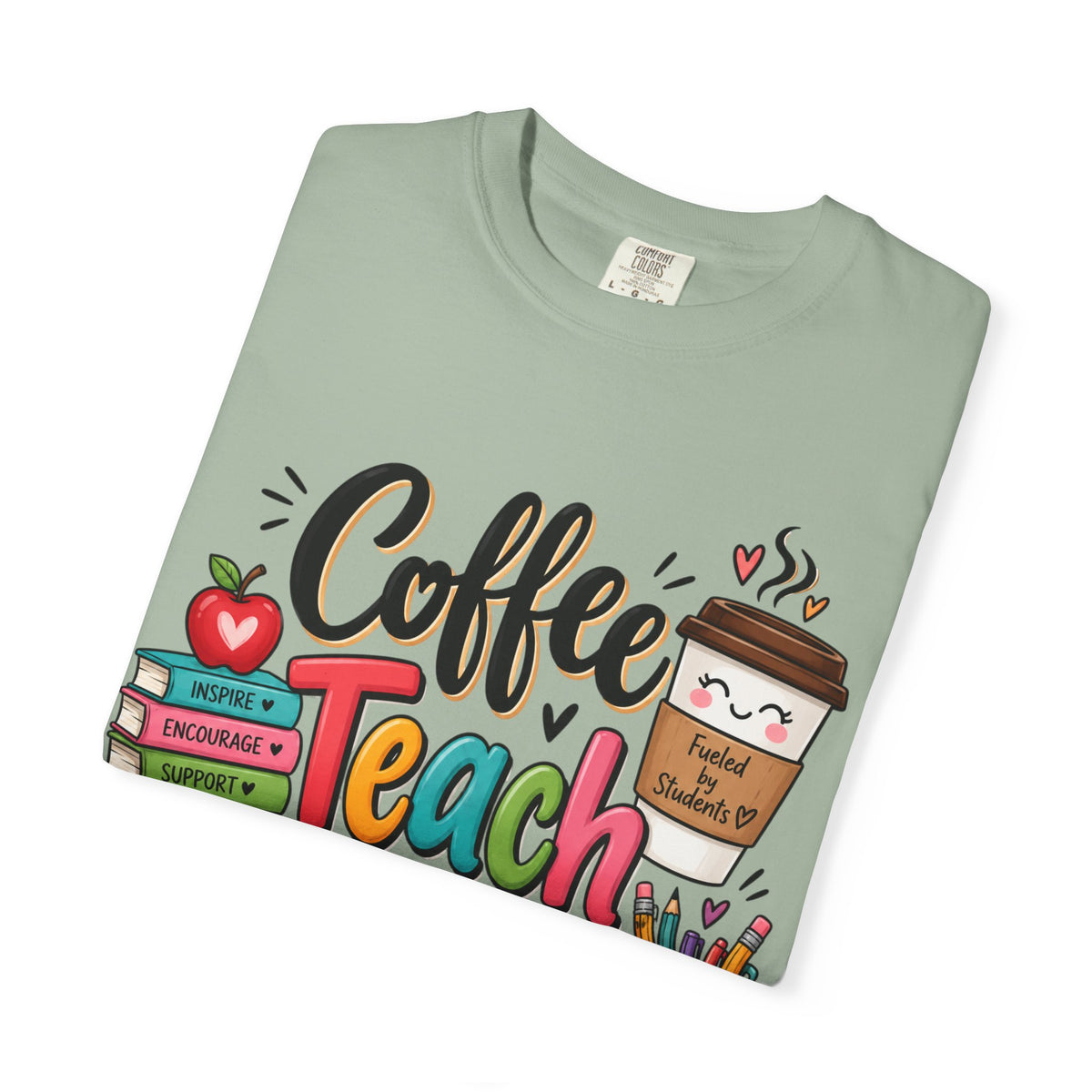 Coffee Teach Repeat T-shirt | Teacher Coffee Book Stack Pencil Mug Design
