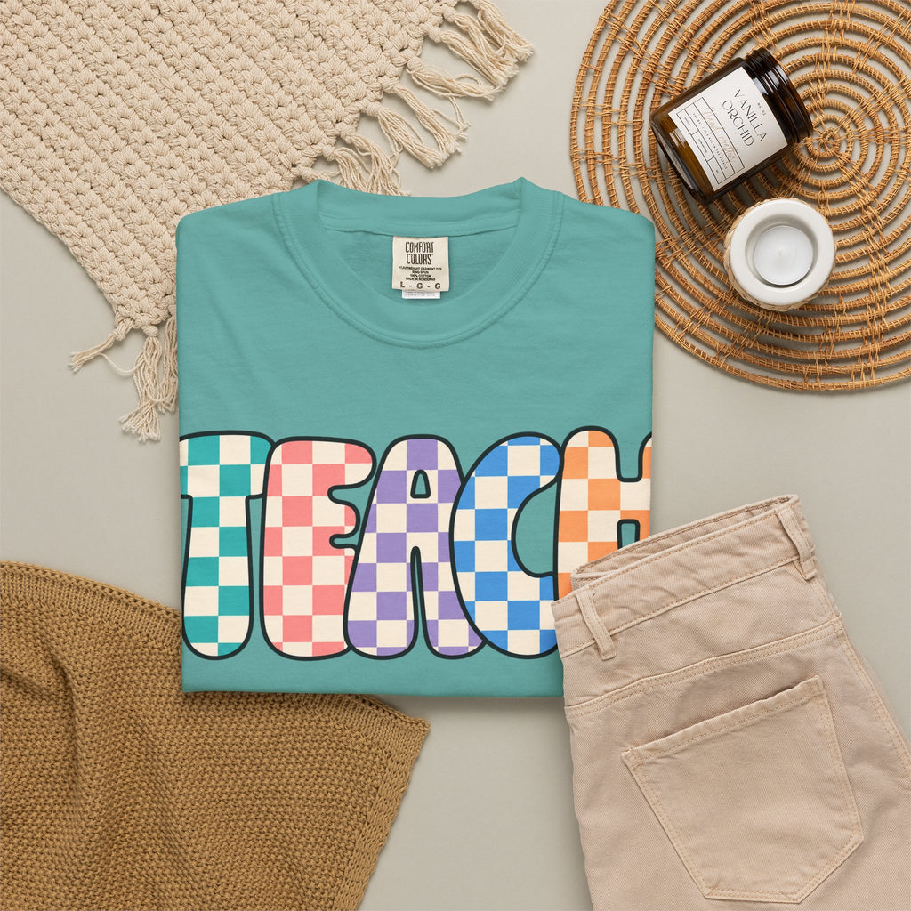 Teach Bubble Letters Checkerboard T-Shirt | Colorful Retro School Tee