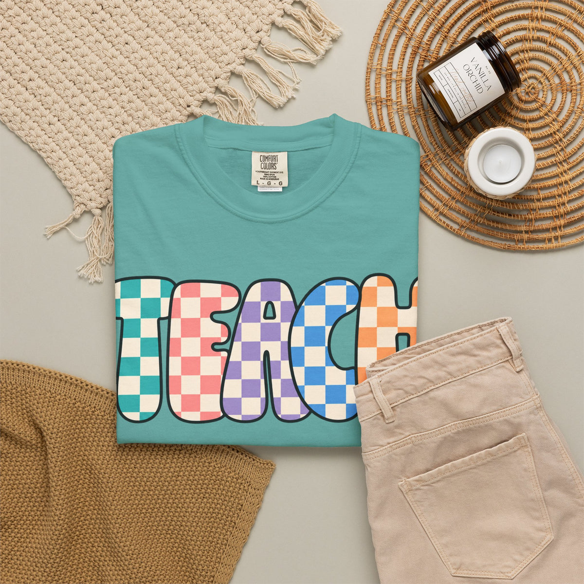 Teach Bubble Letters Checkerboard T-Shirt | Colorful Retro School Tee