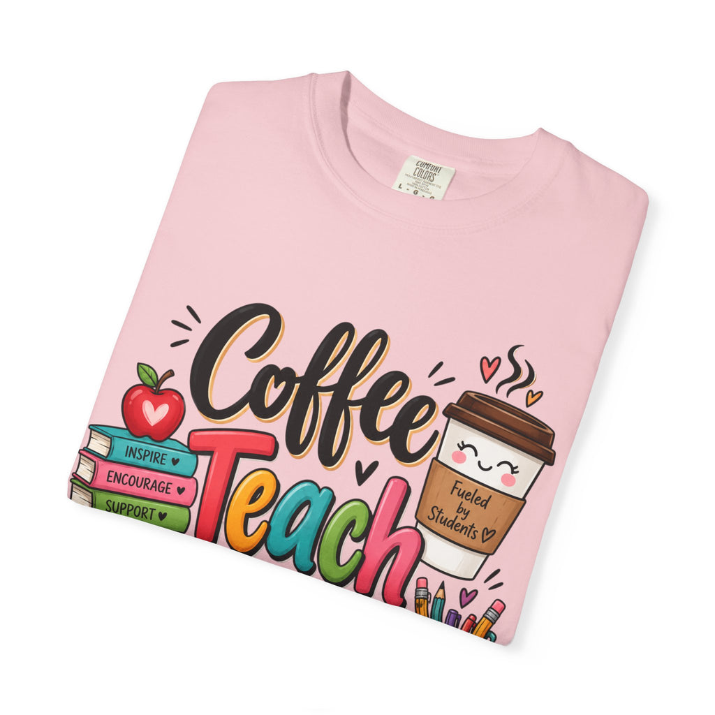 Coffee Teach Repeat T-shirt | Teacher Coffee Book Stack Pencil Mug Design