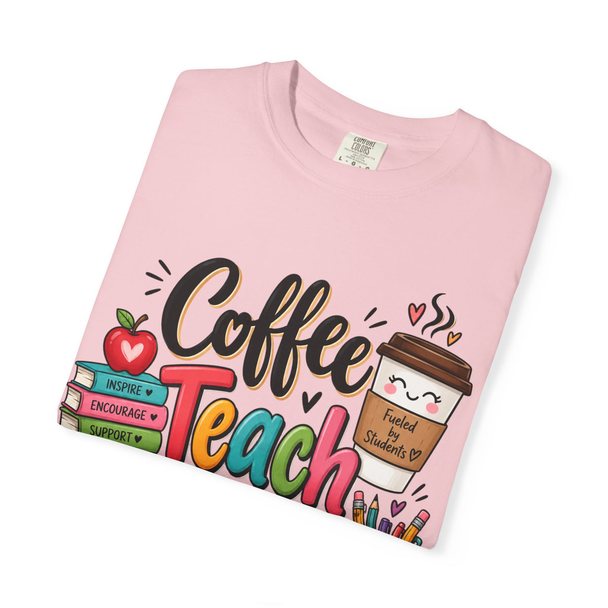 Coffee Teach Repeat T-shirt | Teacher Coffee Book Stack Pencil Mug Design