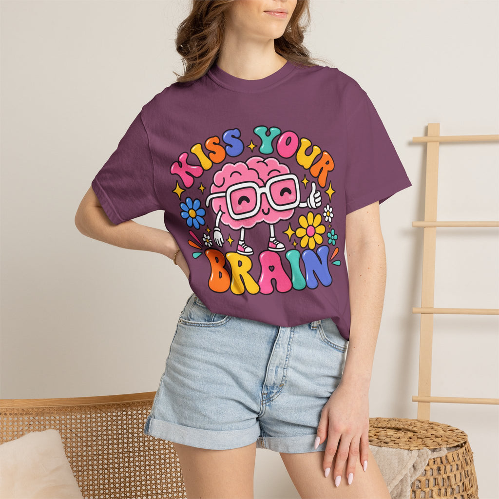 Kiss Your Brain BRI TEE | T-Shirt, Retro Cartoon Brain with Flowers