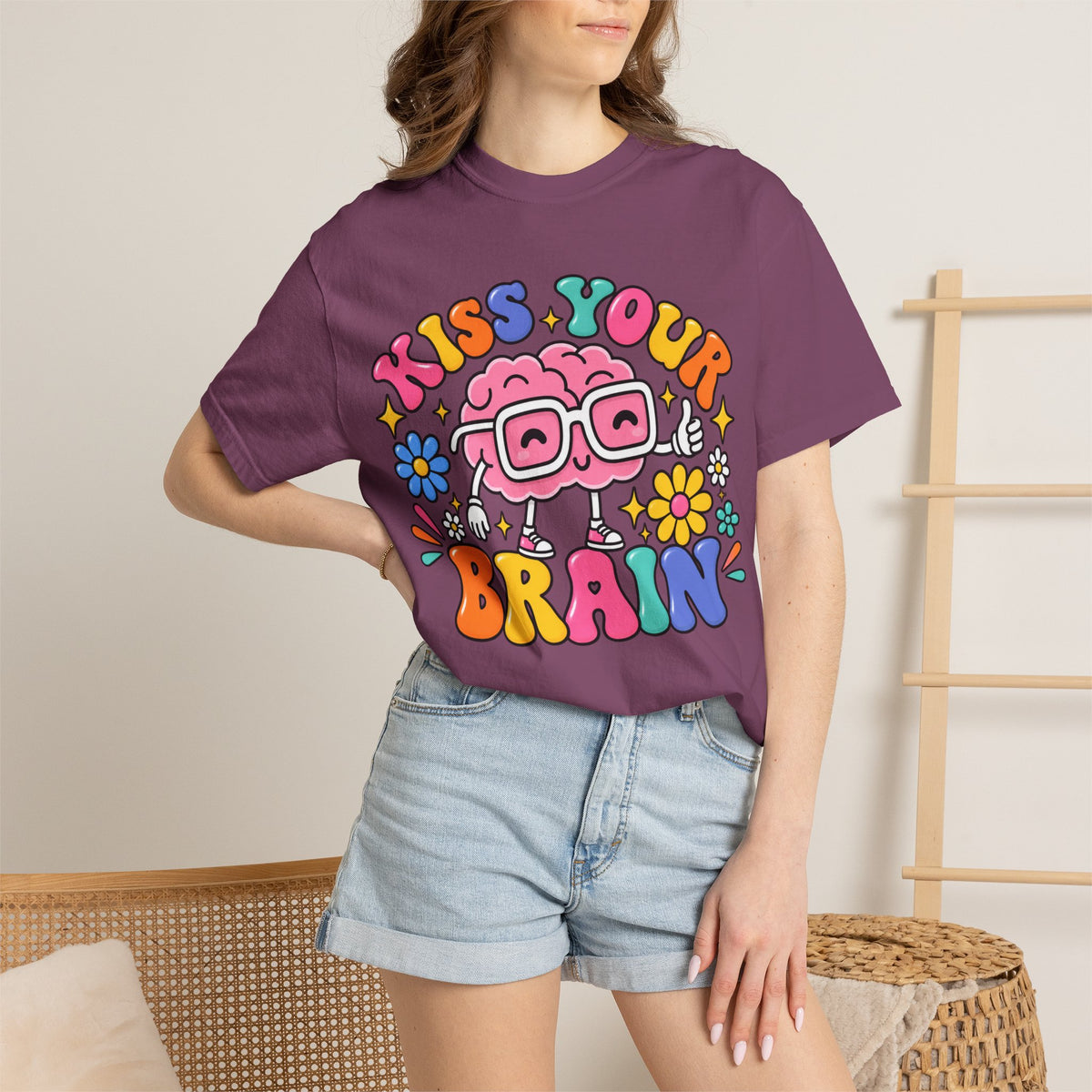 Kiss Your Brain BRI TEE | T-Shirt, Retro Cartoon Brain with Flowers