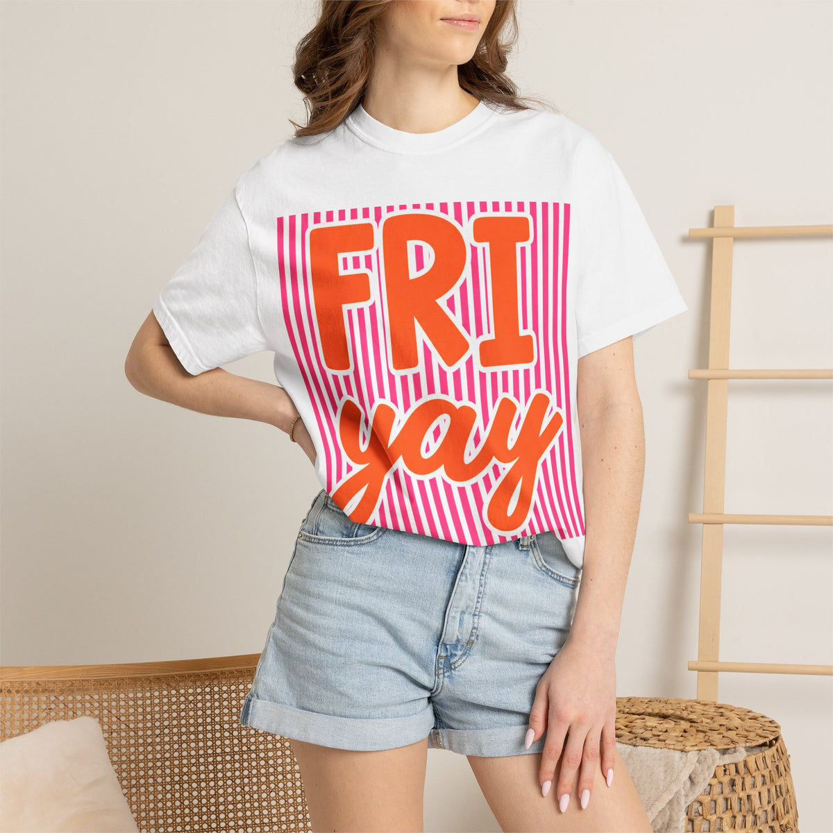 FRI yay T-shirt | Bright Retro Text, Pink Stripes