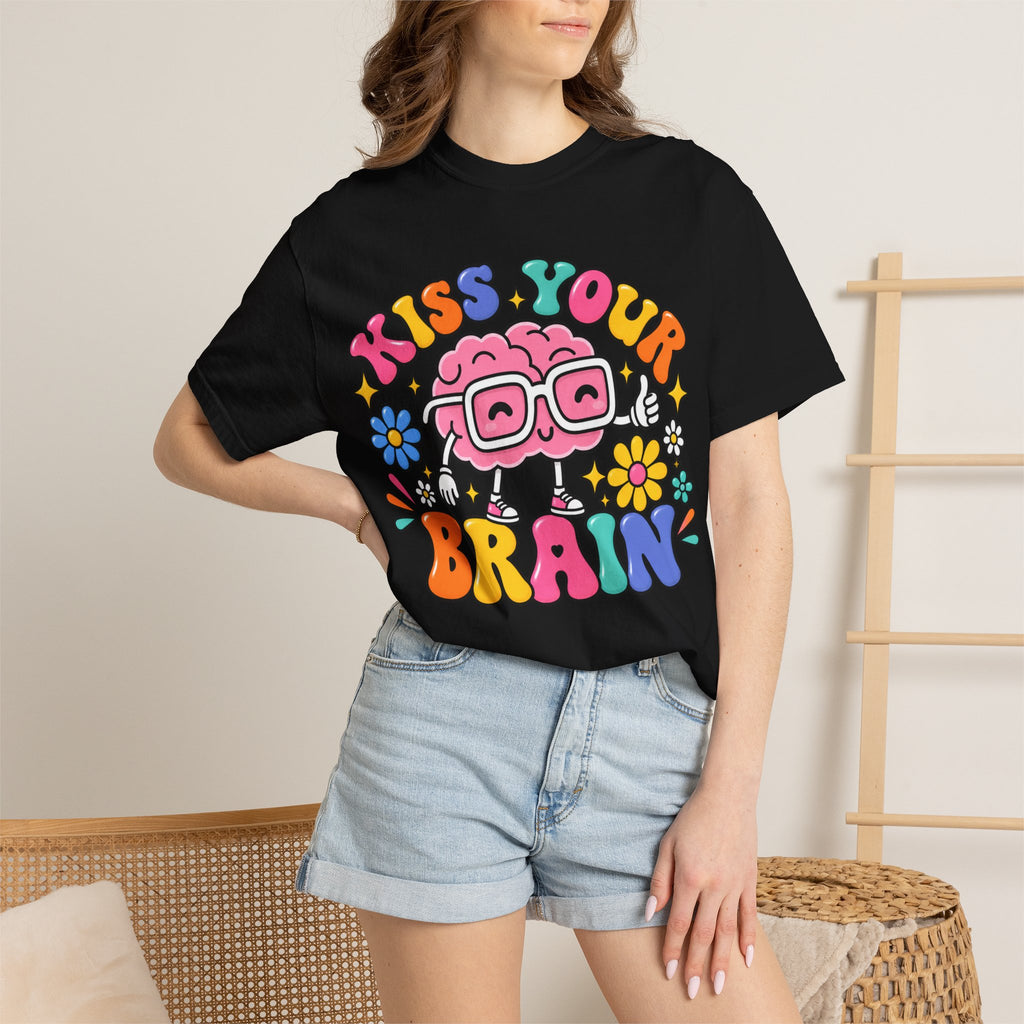 Kiss Your Brain BRI TEE | T-Shirt, Retro Cartoon Brain with Flowers