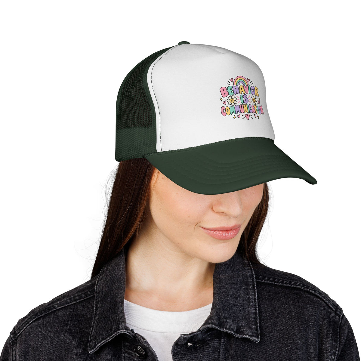Behavior Is Communication Trucker Cap | Rainbow Floral Illustration