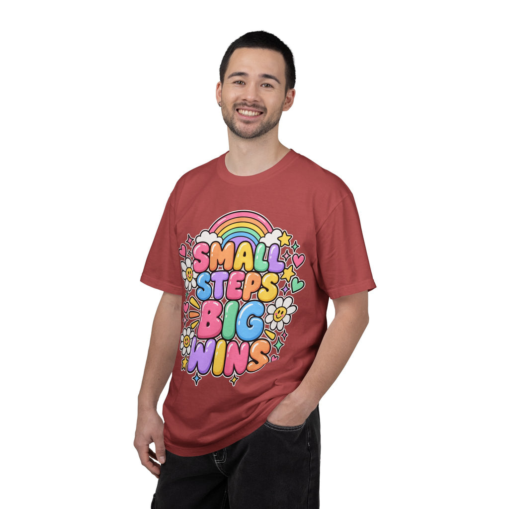 Small Steps Big Wins T-shirt | Retro Rainbow Positive Graphic