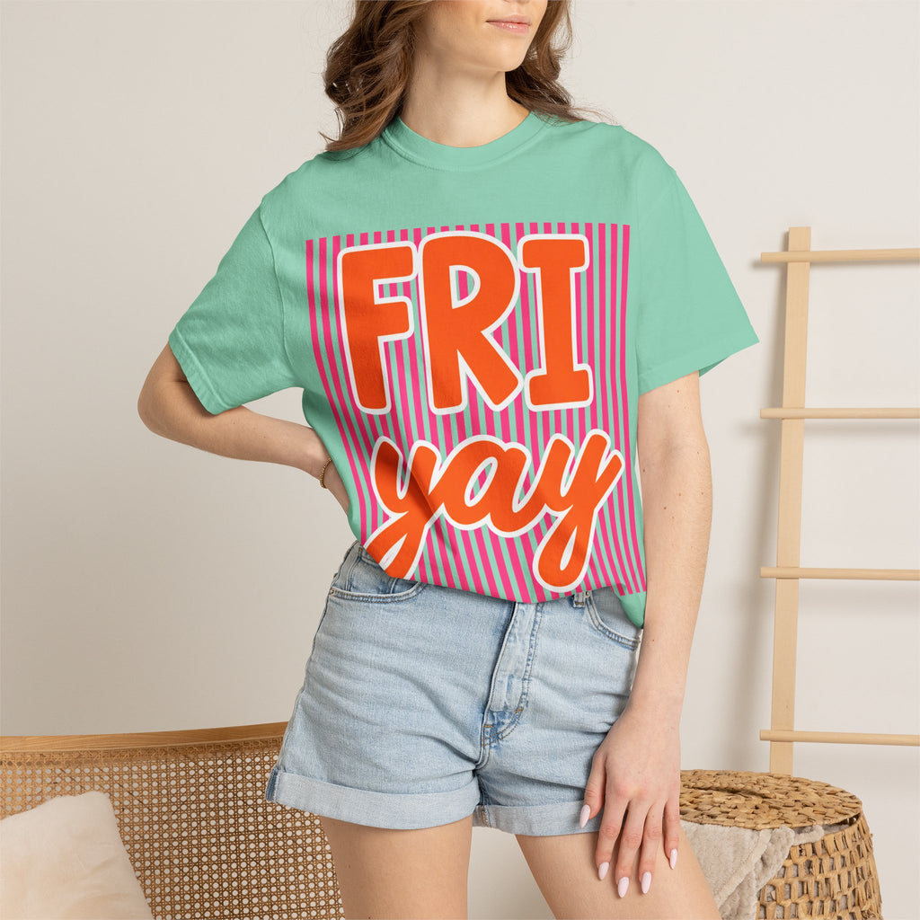 FRI yay T-shirt | Bright Retro Text, Pink Stripes