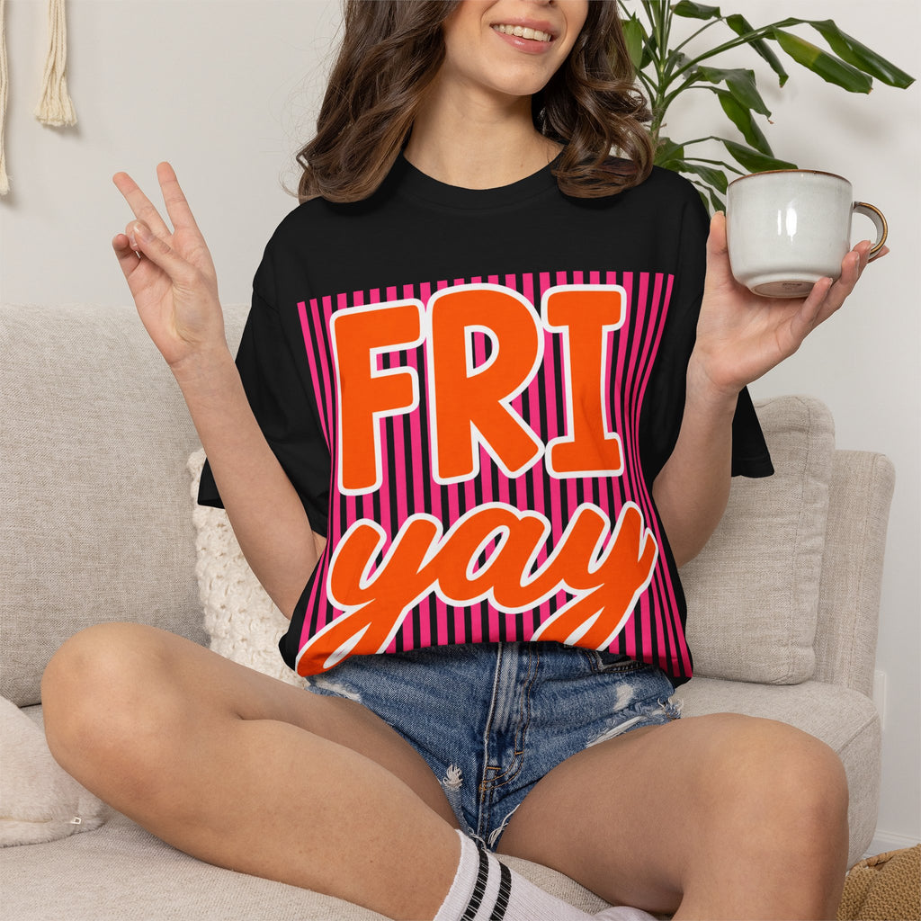 FRI yay T-shirt | Bright Retro Text, Pink Stripes