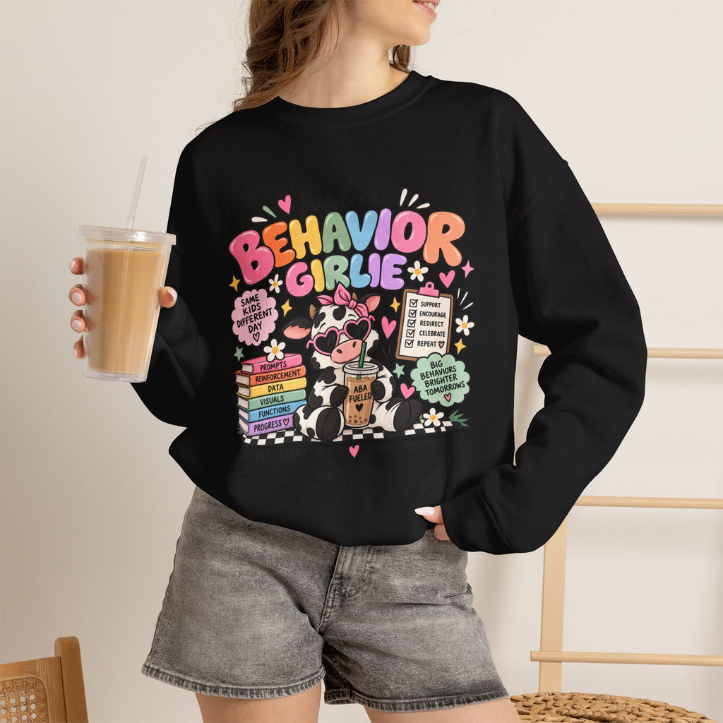 Just a Behavior Girl Crewneck Sweatshirt | Cute Cow Character, Books & Therapy Icons