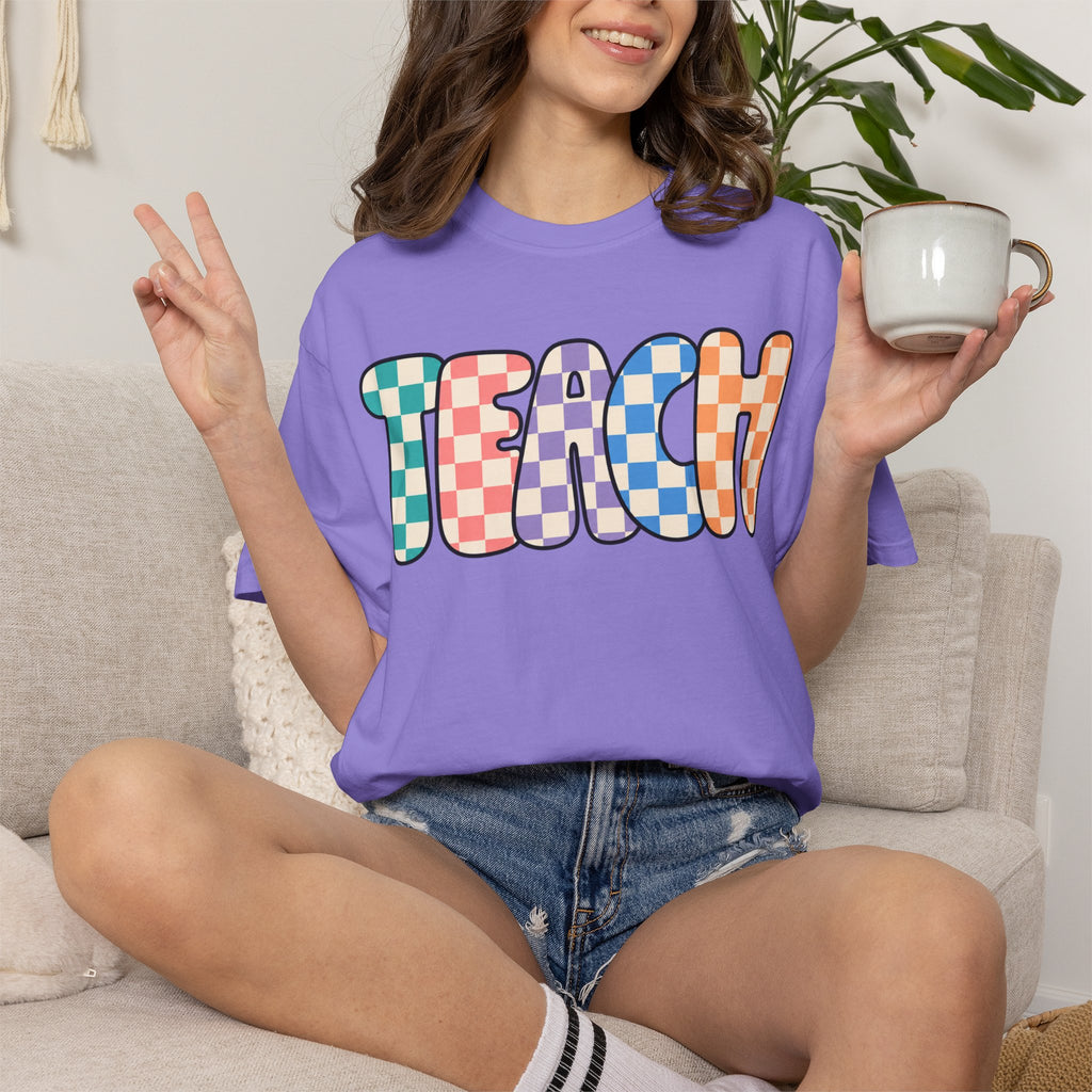 Teach Bubble Letters Checkerboard T-Shirt | Colorful Retro School Tee