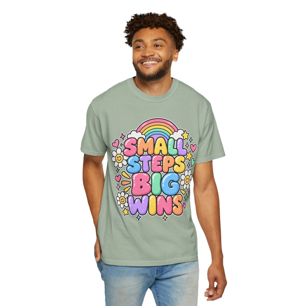 Small Steps Big Wins T-shirt | Retro Rainbow Positive Graphic