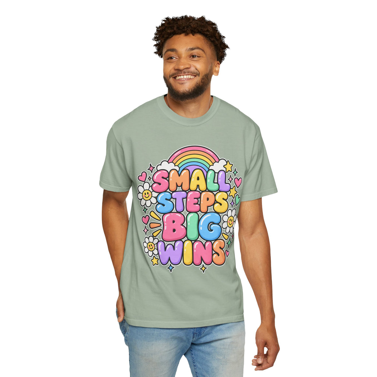 Small Steps Big Wins T-shirt | Retro Rainbow Positive Graphic