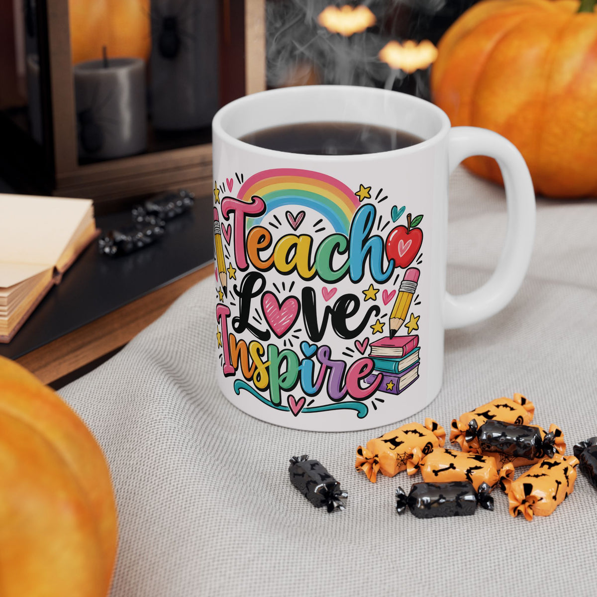 Teacher Love Inspire Mug | Cute Rainbow Pencil Apple Books Design