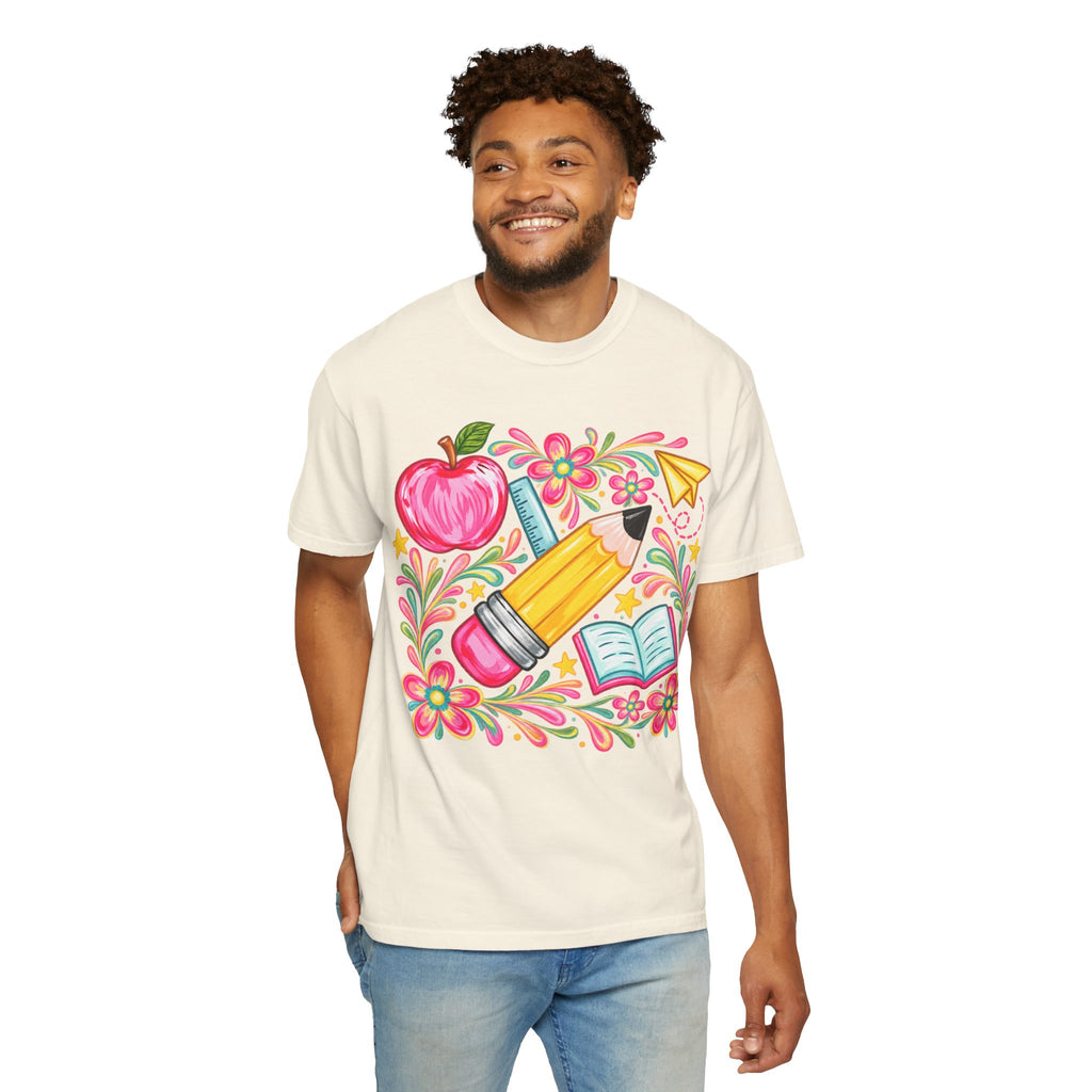 School Supplies Pencil Apple Floral T-shirt | Teacher Student Back to School