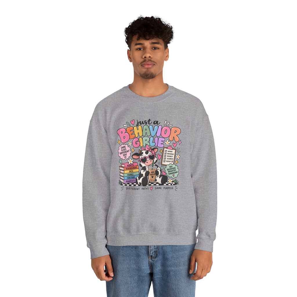 Just a Behavior Girl Crewneck Sweatshirt | Cute Cow Character, Books & Therapy Icons