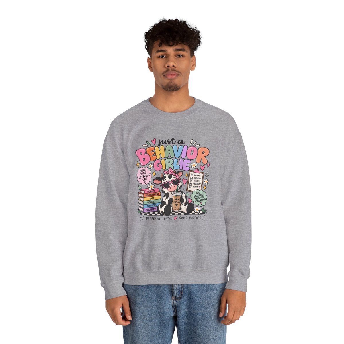 Just a Behavior Girl Crewneck Sweatshirt | Cute Cow Character, Books & Therapy Icons