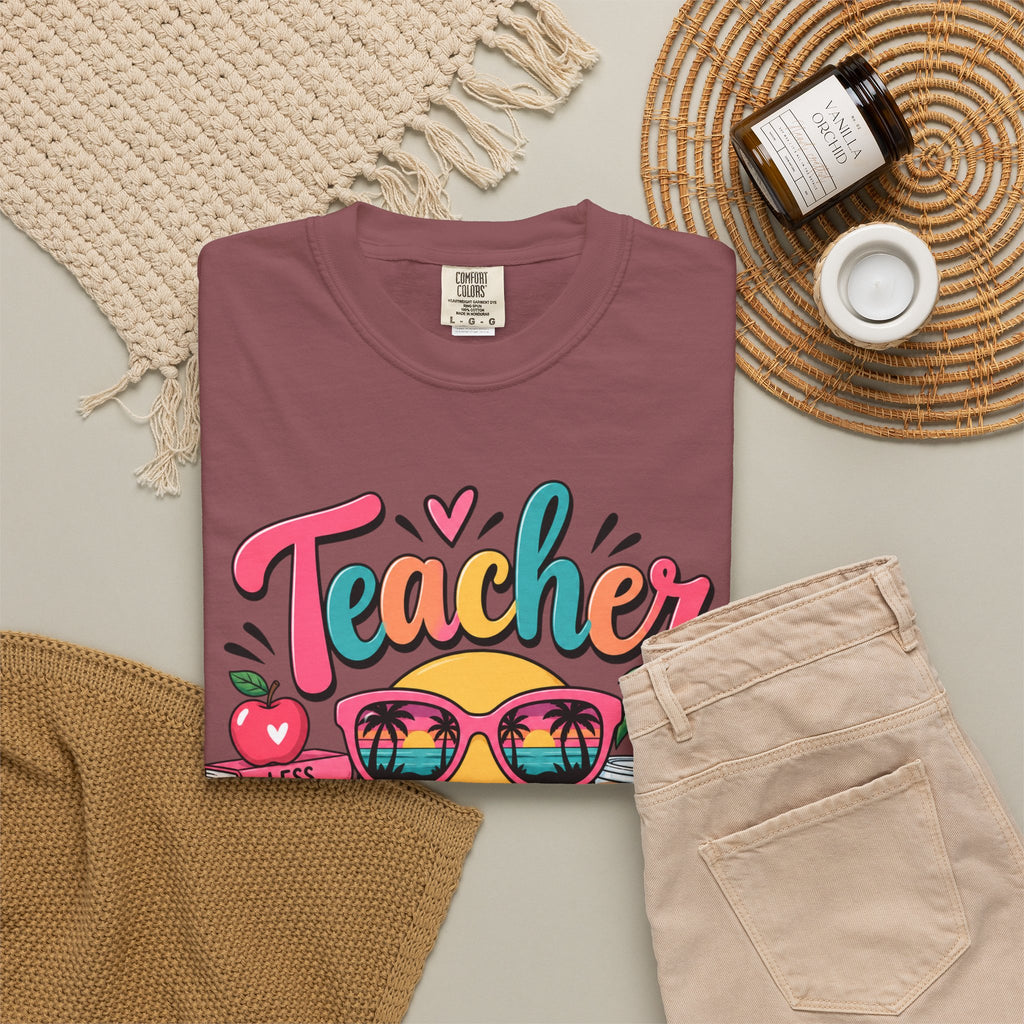Teacher Off Duty T-shirt | Smiley Sunglasses, Books, Palm Trees, Coffee