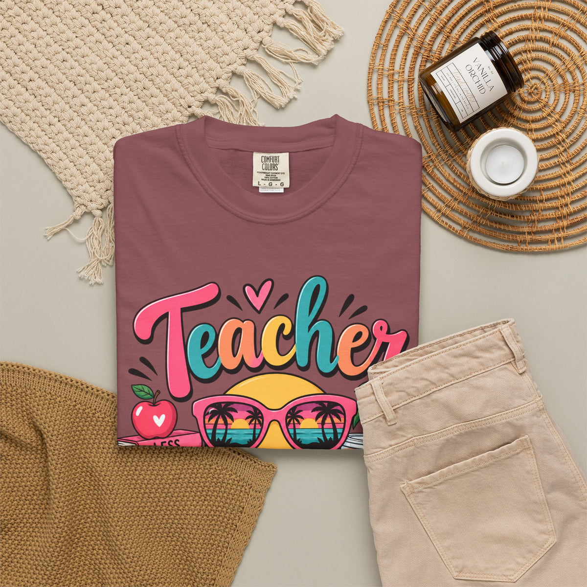 Teacher Off Duty T-shirt | Smiley Sunglasses, Books, Palm Trees, Coffee