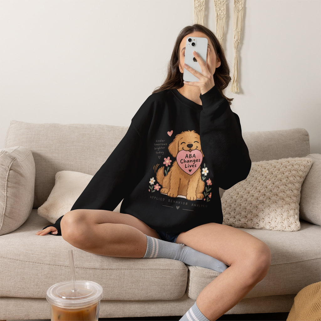 Cute Golden Retriever Holding Heart ABA Changes Lives sweatshirt | Applied Behavior Analysis dog design