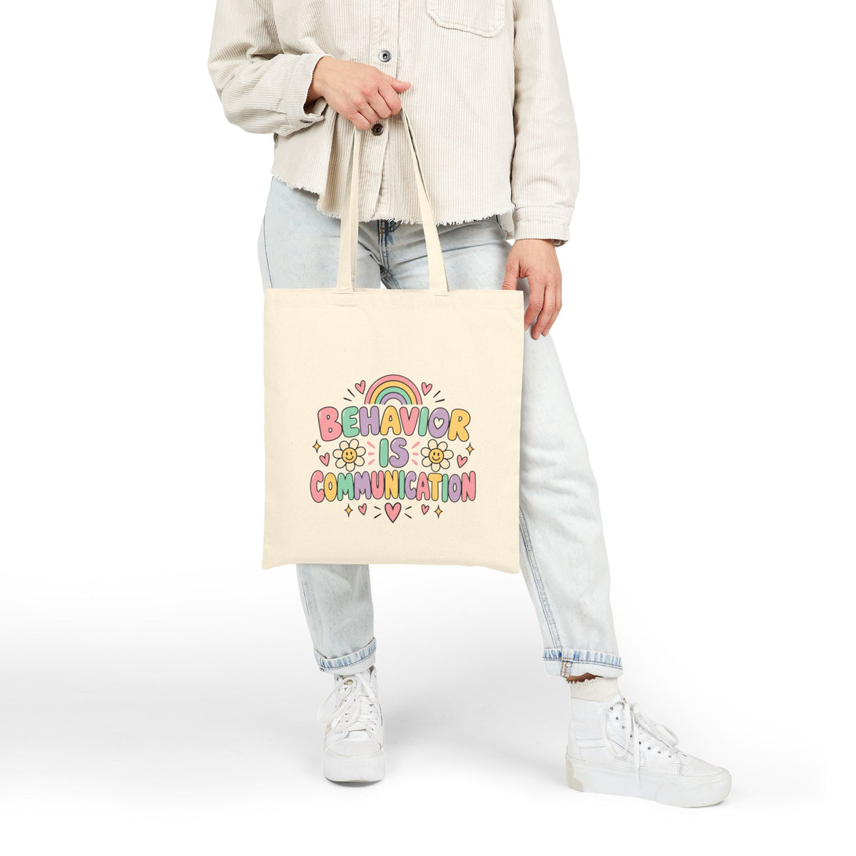 Behavior Is Communication Tote Bag | Rainbow Floral Illustration