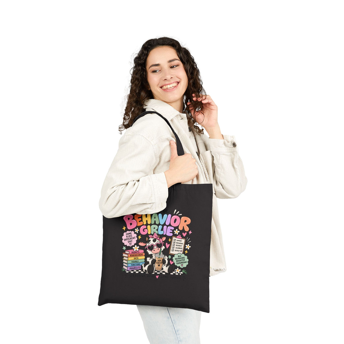 Just a Behavior Girl tote bag | Teacher cow illustration, books & clipboard