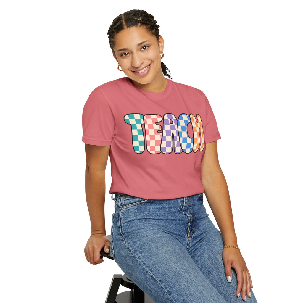 Teach Bubble Letters Checkerboard T-Shirt | Colorful Retro School Tee