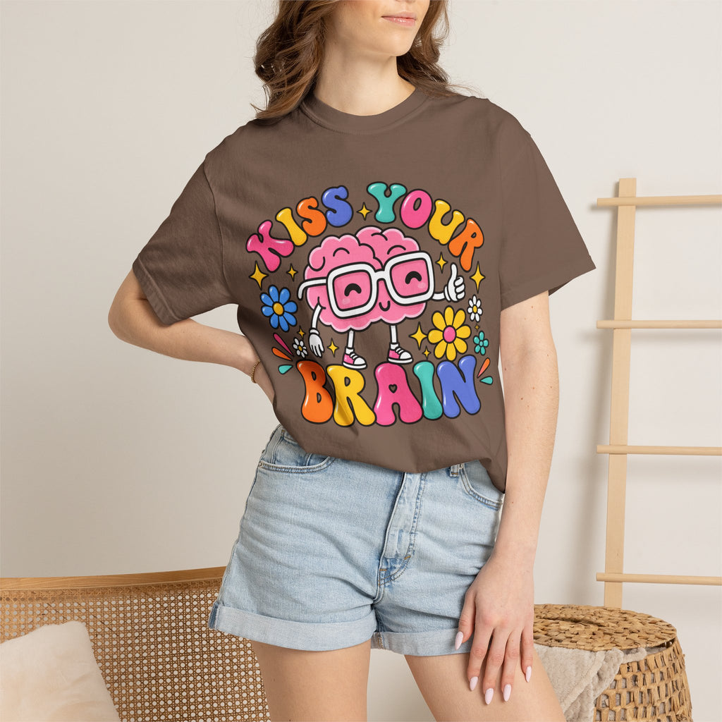 Kiss Your Brain BRI TEE | T-Shirt, Retro Cartoon Brain with Flowers