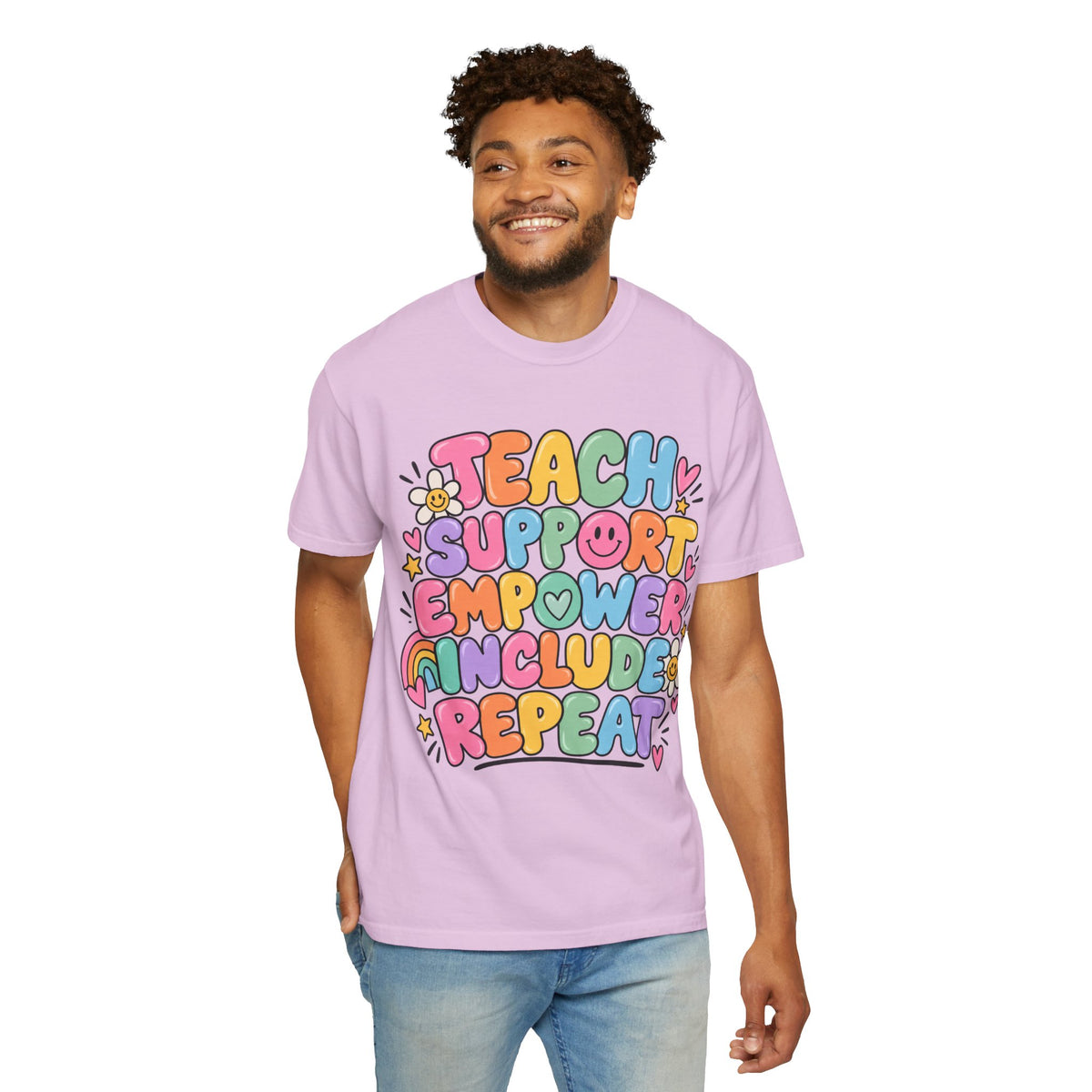 Teach Support Empower Include Repeat T-shirt | Rainbow Positivity Tee