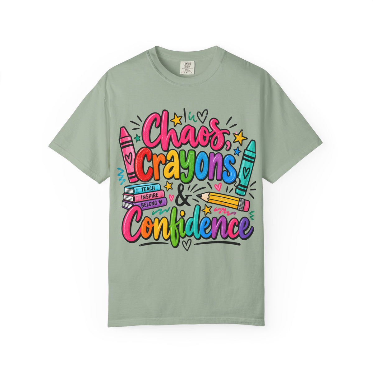 Chaos Crayons & Confidence T-shirt | Colorful Crayon School Art Tee