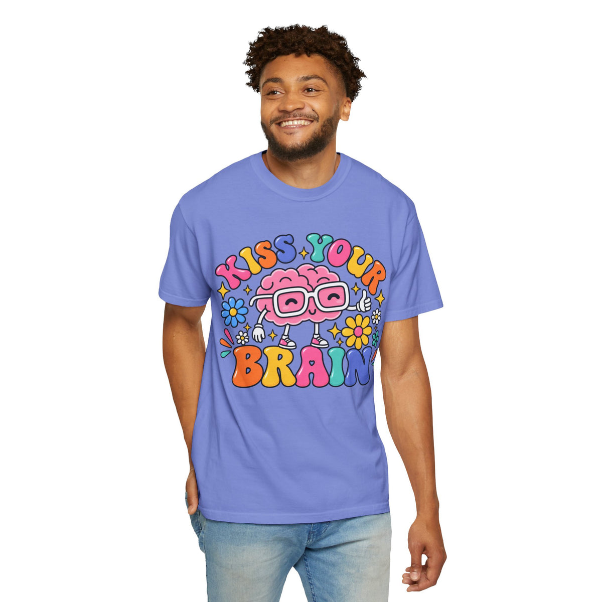 Kiss Your Brain BRI TEE | T-Shirt, Retro Cartoon Brain with Flowers