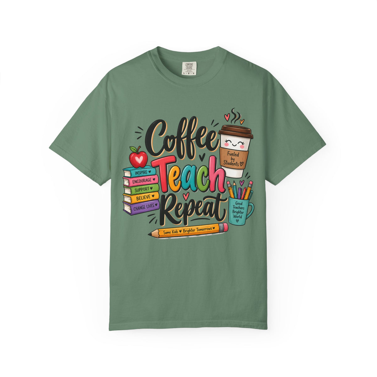 Coffee Teach Repeat T-shirt | Teacher Coffee Book Stack Pencil Mug Design