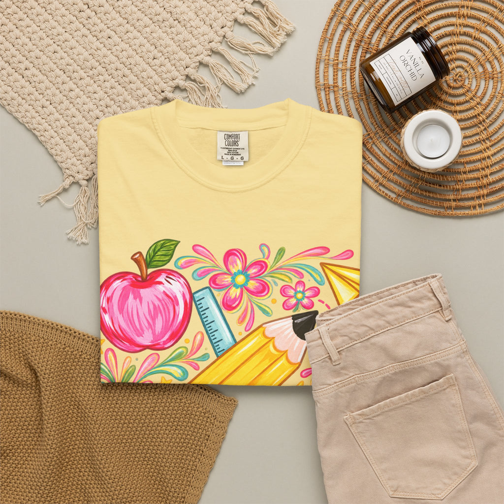 School Supplies Pencil Apple Floral T-shirt | Teacher Student Back to School