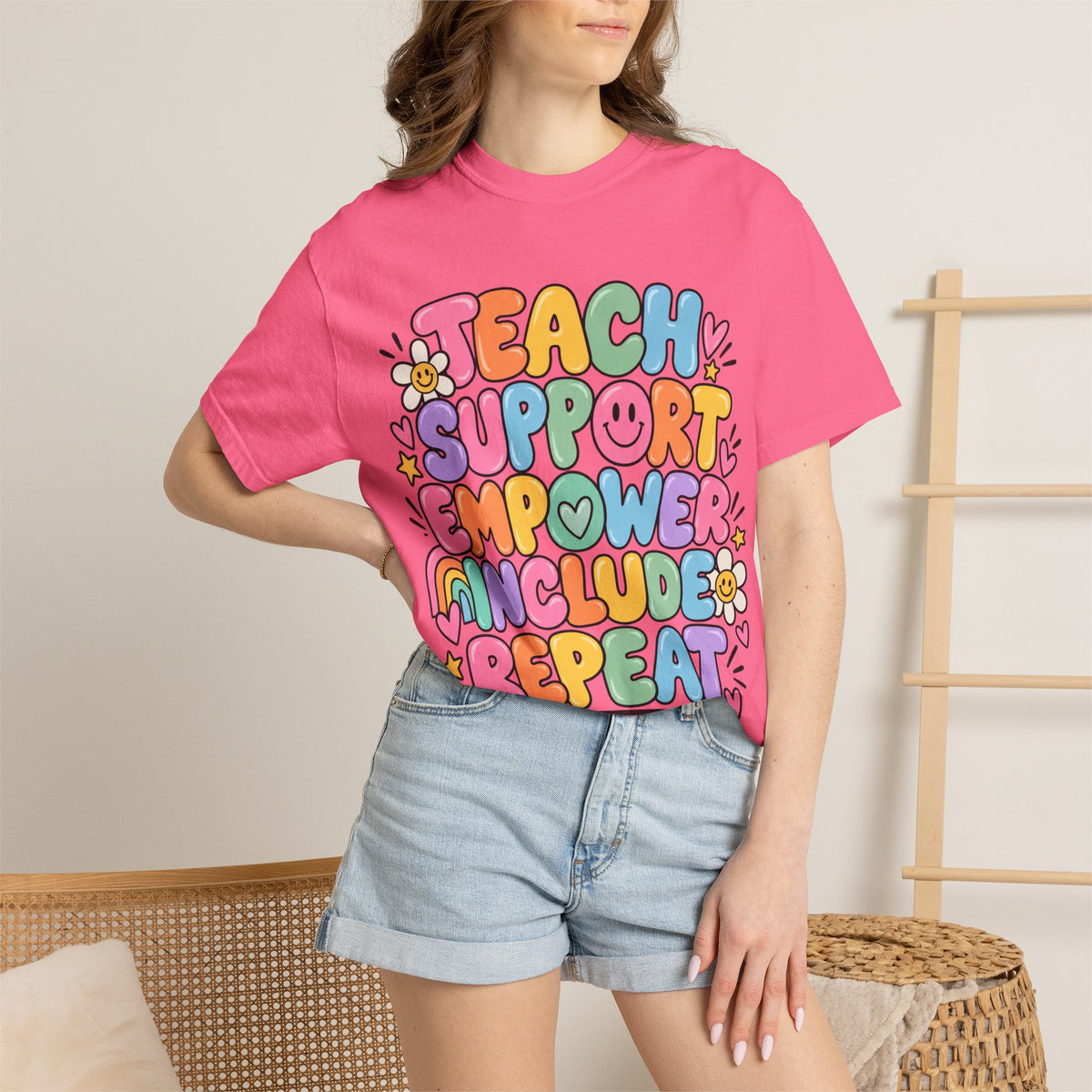 Teach Support Empower Include Repeat T-shirt | Rainbow Positivity Tee