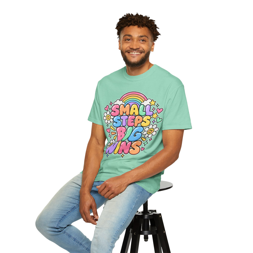 Small Steps Big Wins T-shirt | Retro Rainbow Positive Graphic