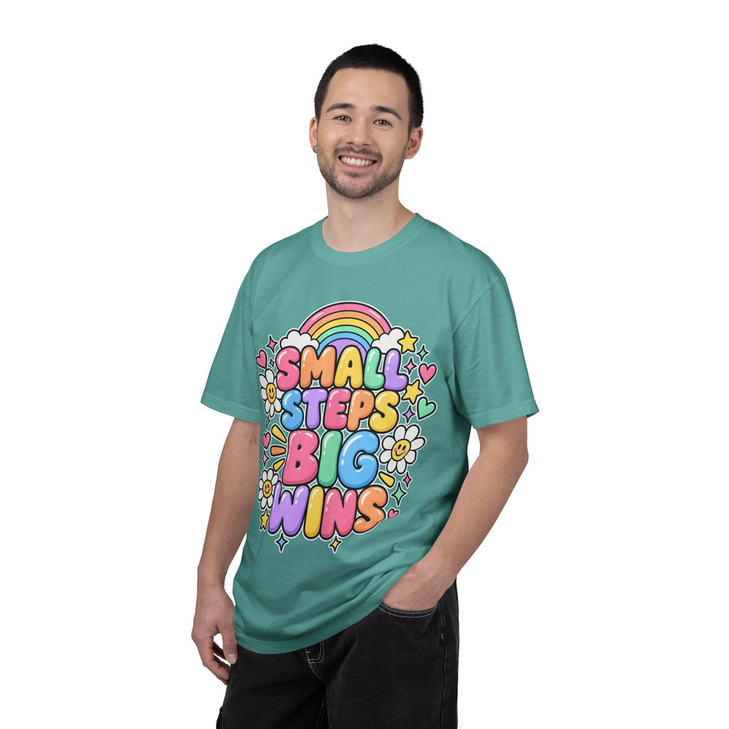 Small Steps Big Wins T-shirt | Retro Rainbow Positive Graphic