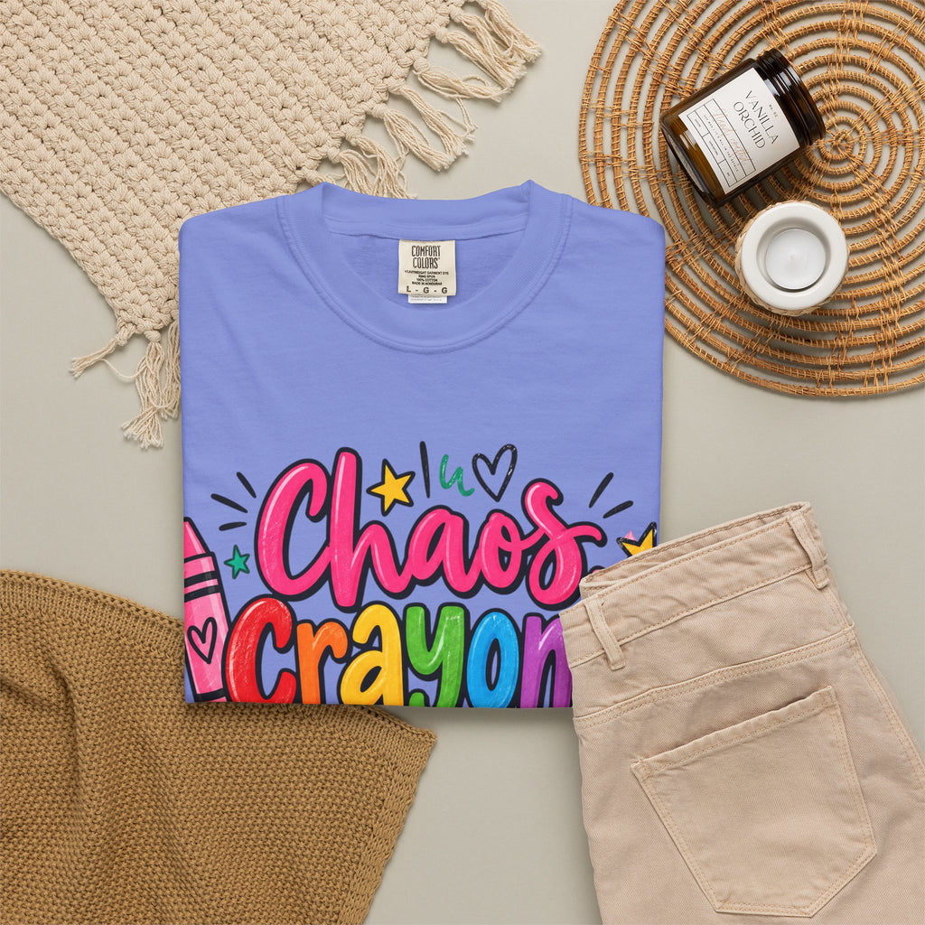 Chaos Crayons & Confidence T-shirt | Colorful Crayon School Art Tee