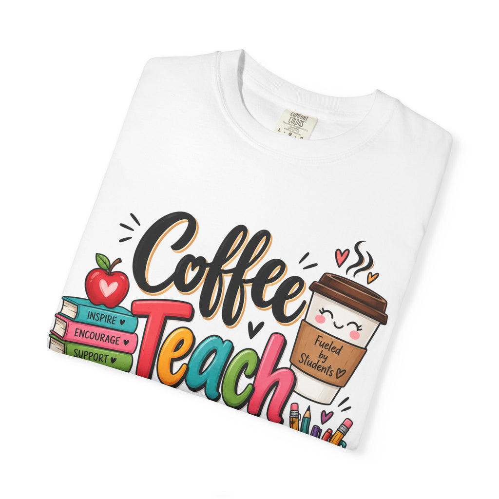 Coffee Teach Repeat T-shirt | Teacher Coffee Book Stack Pencil Mug Design