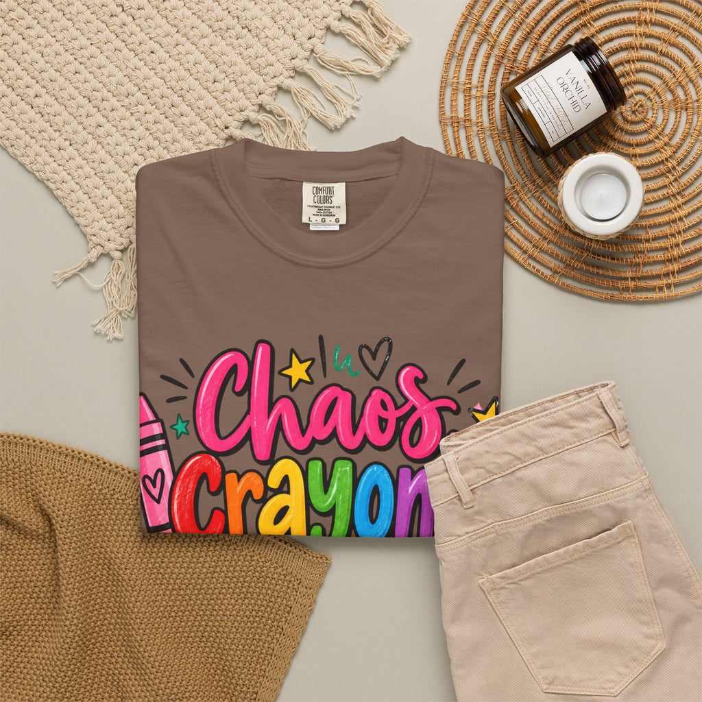 Chaos Crayons & Confidence T-shirt | Colorful Crayon School Art Tee